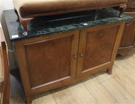 A mahogany rectangular marble top dwarf side cabinet, c.1900, W.112cm